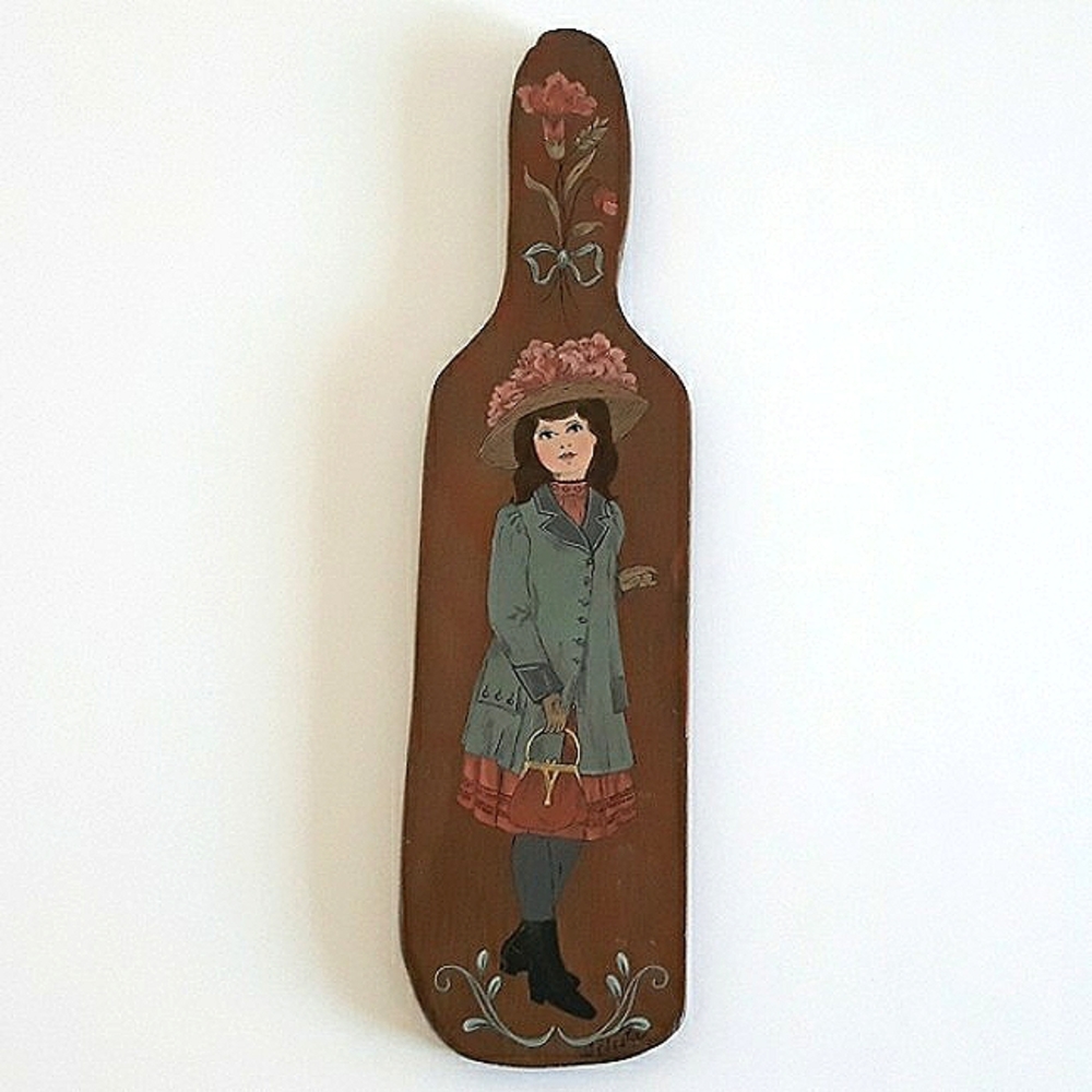 Artist Signed Handpainted Lady Wood Paddle Wall Decor Vintage
